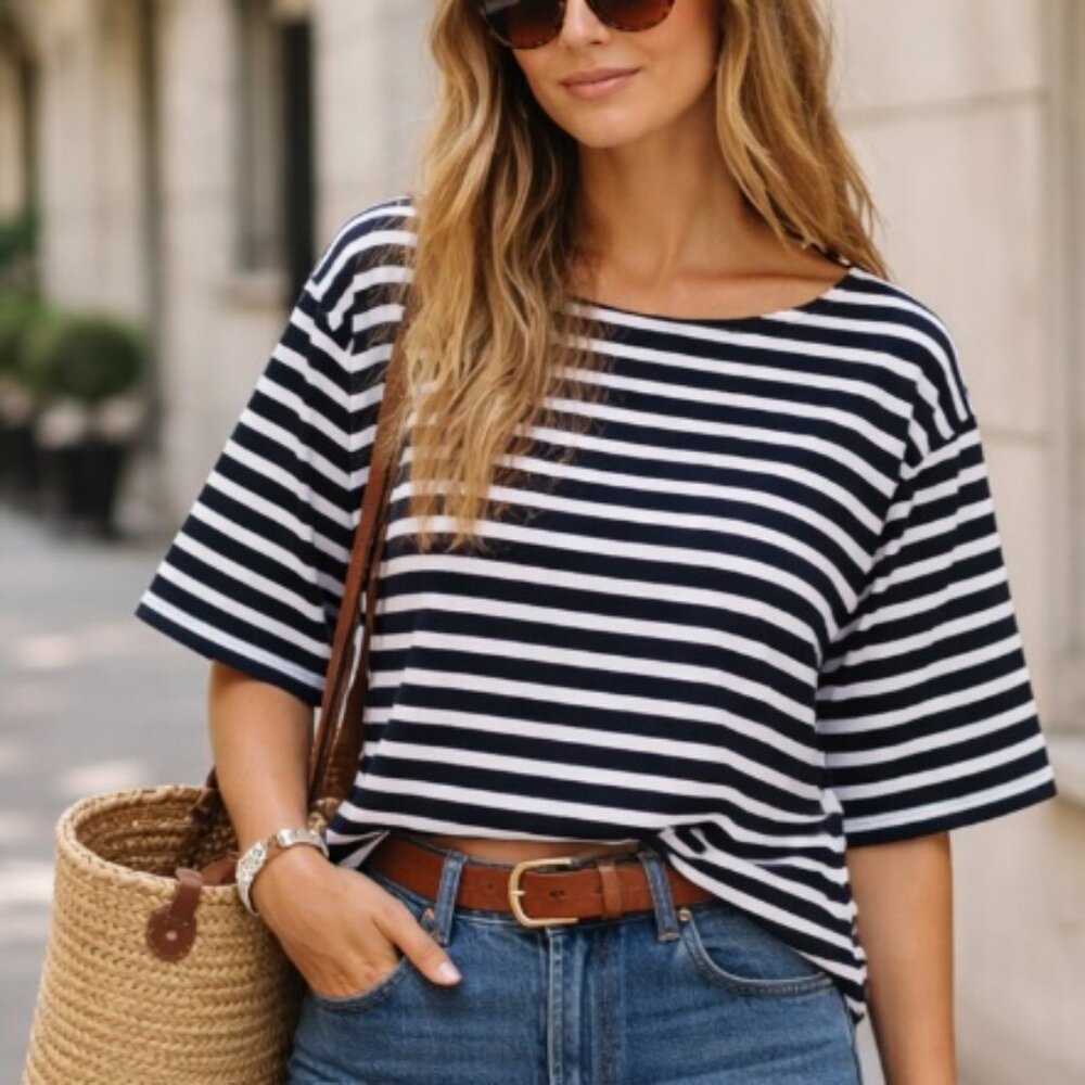 On. 34 Th women's striped top navy white, 3/4 sleeve, size L boxy cropped travel